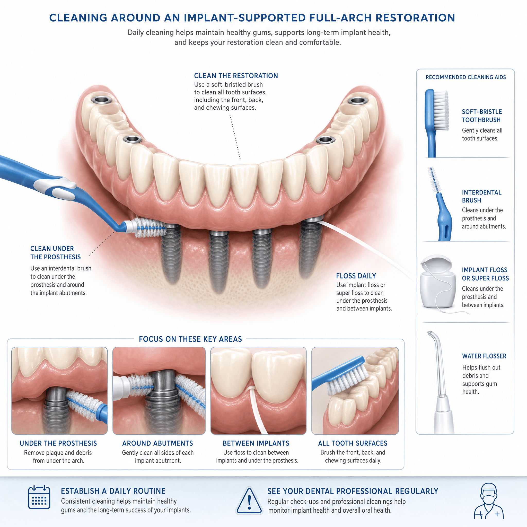 Illustration of cleaning tools used around an implant-supported full-arch prosthesis
